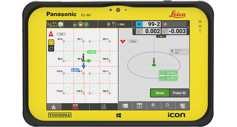 Geteilte Ansicht der Software Leica iCON build mit einem Plan mit Absteckpunkten.